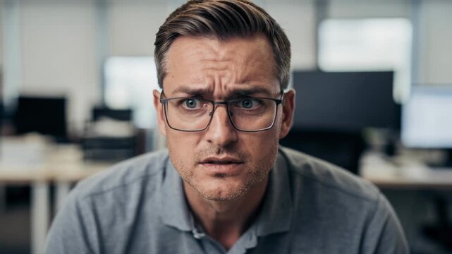 Surprised man with glasses in modern office slowly realizes unexpected news or discovery