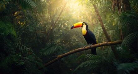 Naklejka premium Wild keel billed toucan bird perched on branch in a dense jungle environment
