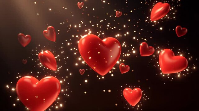 Romantic red hearts floating gently in a dark dreamy spa with soft glowing ambiance