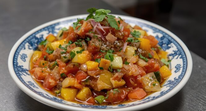 Traditional Malaysian rojak with mixed fruits, vegetables, and herb toppings