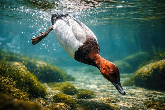 Elegant Canvasback duck diving in clear spring water close up