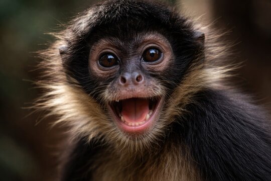 Closeup portrait capturing a joyful black handed spider monkey with detailed fur textures