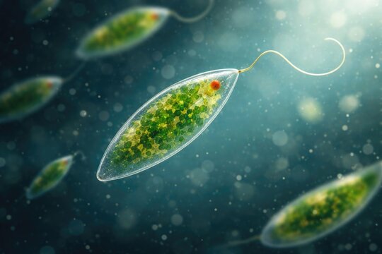 Euglena Flagellates Under Microscopic View in Abstract Aquatic Setting