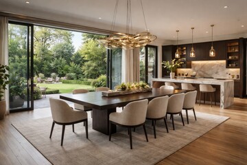 Fototapeta premium Spacious dining room featuring modern kitchen and scenic garden views