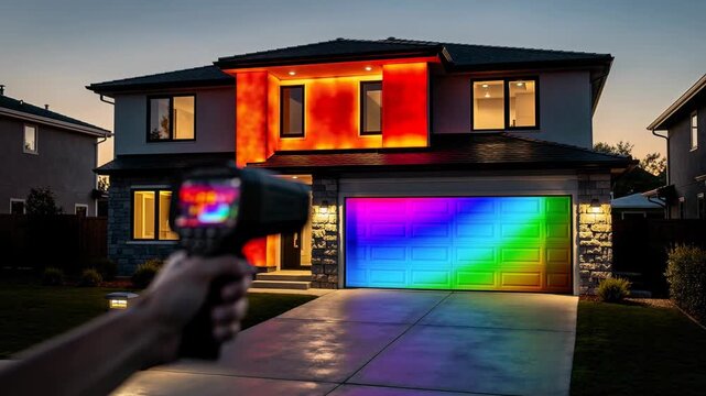 Hand holding thermal camera capturing heat patterns on modern house exterior in energy inspection