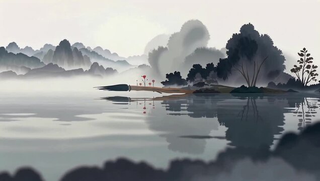 Traditional Chinese Ink Painting Animation of a Serene Mountain Landscape with Mist and Lake