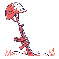 Naklejka premium Fallen soldier's helmet and rifle in dirt ground with red star symbol on helmet representing heroic sacrifice and military service.