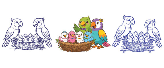 Obraz premium Family of colorful parrots in a nest, parent birds and chicks depicted in outline and color.