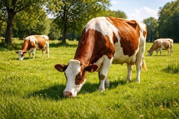 Obraz premium Happy pet cows grazing freely on a lush green grass lawn during a bright summer day with full length views