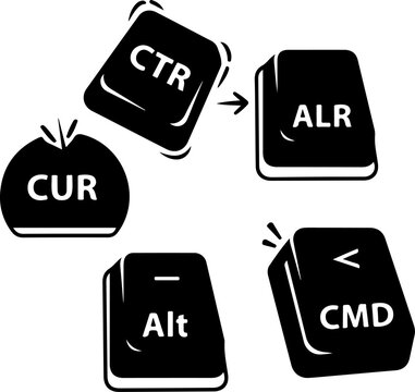 Computer keyboard keys, vector icons, CTR, ALR, CUR, Alt, CMD buttons, black and white