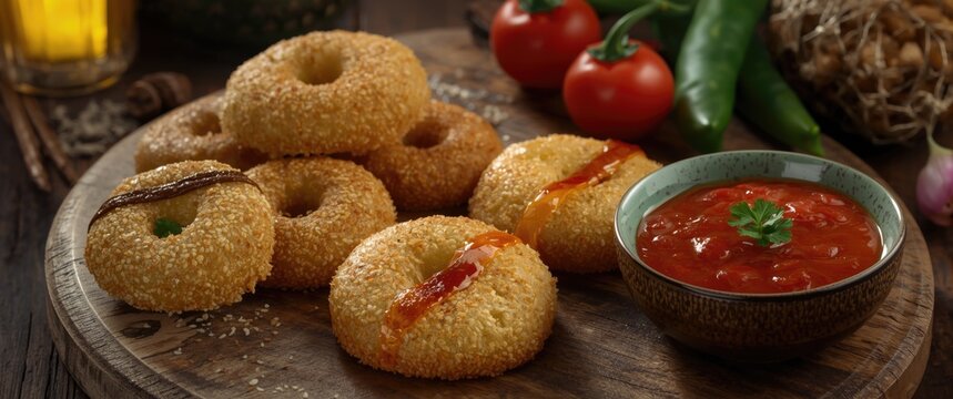Freshly made Cireng snack alongside spicy and sweet rujak