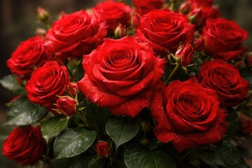 Fototapeta premium A vibrant bouquet of scarlet roses in full bloom