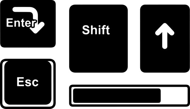 Keyboard button icons, computer key symbols, Enter Shift Esc, navigation keys, black and white vector graphics