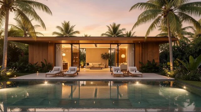 Serene tropical resort at sunset with modern villa illuminated pool palm trees luxury vacation