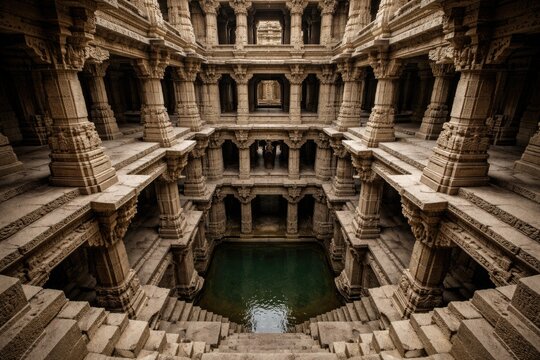 A detailed view of an ancient stepwell showcasing inverted temple architecture