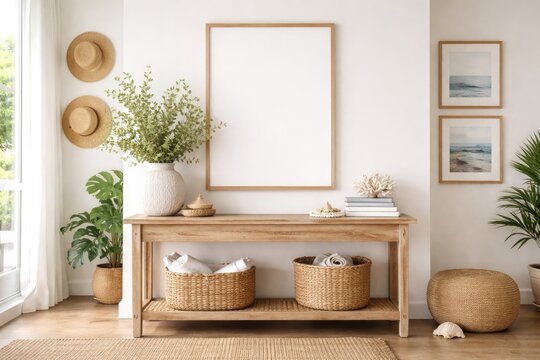 Coastal style interior featuring console table by white wall with interior mockup