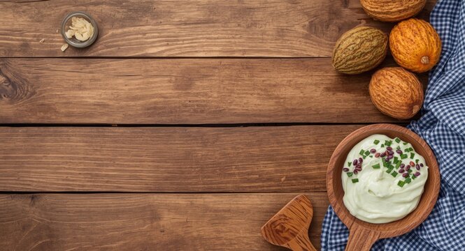 Wooden background with Brazilian Cuscuz dish and designated copy space