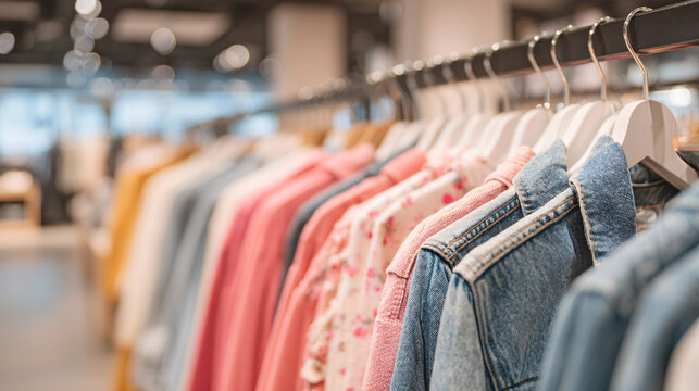 Clothing rack with jeans and shirts in a modern retail store