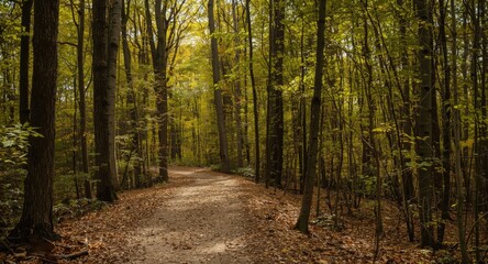 Obraz premium Winding path through dense forest with tall trees and fallen leaves on a sunny autumn day