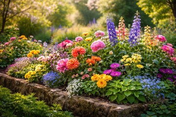 Obraz premium Spring garden bed full of vibrant blossoms and lively leaves
