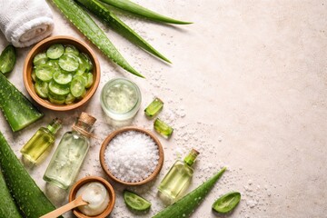 Plakat Top view of natural aloe vera skincare items with sea salt and fresh aloe leaves and copy space