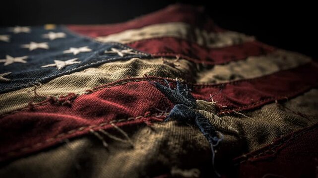 Close up of a weathered American flag with frayed stitching gently waving in the breeze