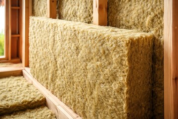 Fototapeta premium Close-up view of mineral wool rockwool for efficient wall insulation in residential construction