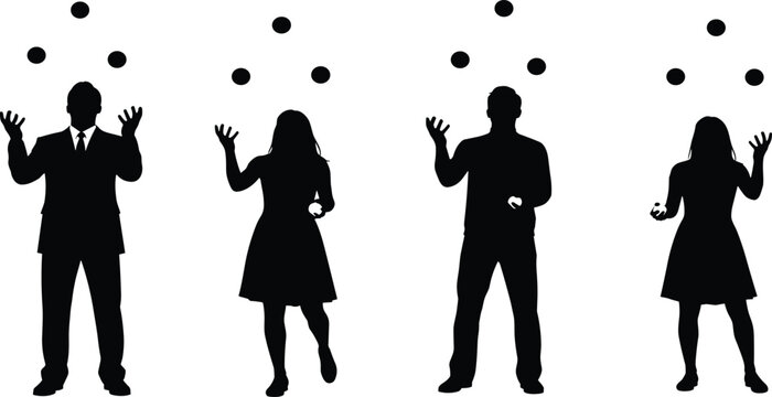 Black silhouettes of business people and casual figures juggling multiple balls representing multitasking skills and effective time management in modern workplace