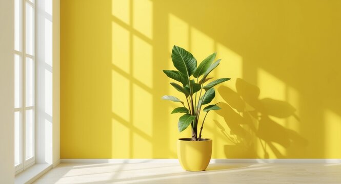 Houseplant fiddle leaf fig in yellow pot positioned on radiant yellow wall with copy space
