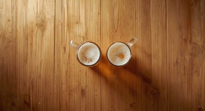 Two classic rustic mugs containing chopp on a natural wood table