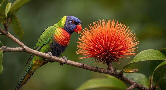 Sunny rainbow lorikeet drinking nectar from bright red flowering gum