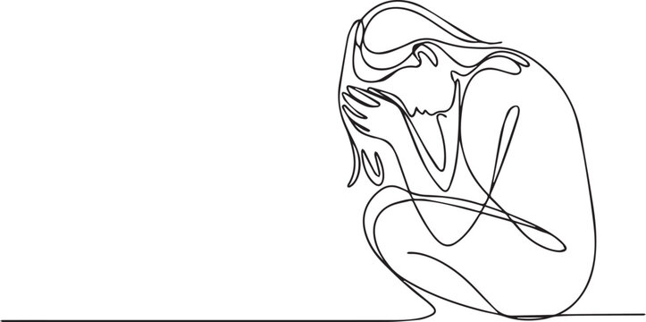 Continuous line drawing of a sad woman sitting alone in a simple pose