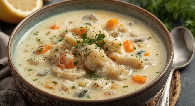Traditional creamy seafood chowder featuring cod and haddock with herbs