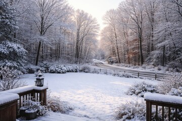 Naklejka premium Winter backyard view showing snow covered lawn and diverse deciduous trees beyond road