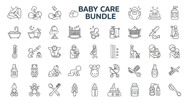 Baby care bundle icons on white.