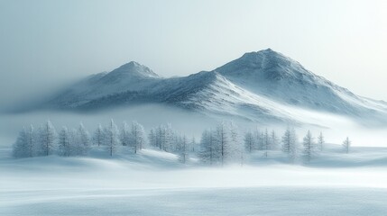 Fototapeta premium Serene Snowy Mountain Landscape with Frost Covered Trees and Ethereal Fog