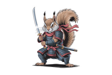 Obraz premium A whimsical digital illustration depicts a squirrel dressed as a samurai warrior confidently wielding a katana on transparent background high-quality professional.