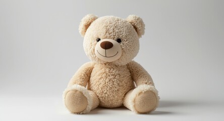 Fototapeta premium Playful stuffed bear displayed on a smooth white surface highlighting gentle texture and friendly smile suited for kids content