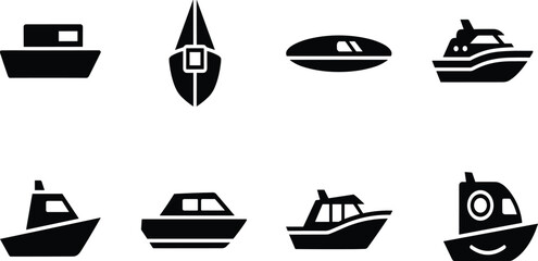 Black, boat, silhouettes, set, with, yachts, motorboats, and, ships, isolated, on, white, background, vector, illustration, collection, for, nautical, maritime, design. © Mdjoshel 