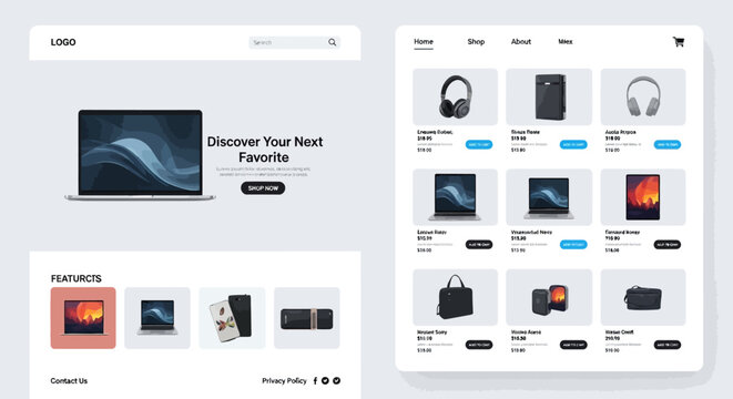 E-commerce web page template, online shopping layout, product showcase design, digital storefront