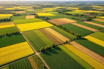 Fototapeta premium Aerial perspective of vibrant farmland with clear boundary lines and patterned crop fields
