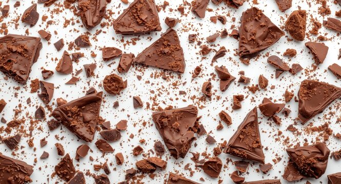 Top perspective of suspended chocolate flakes and scattered crumbs arranged artistically