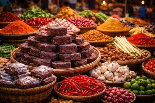 Colorful market scene featuring Indonesian shrimp paste terasi with assorted local spices for traditional cooking