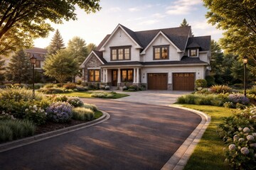 Fototapeta premium Suburban home mockup with road bordered by lush grass and plants