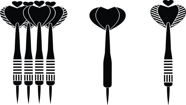 Black, darts, with, heart, shaped, flights, vector, illustration, set, isolated, on, white, background, dart, game, love, sport, competition, hobby, collection.