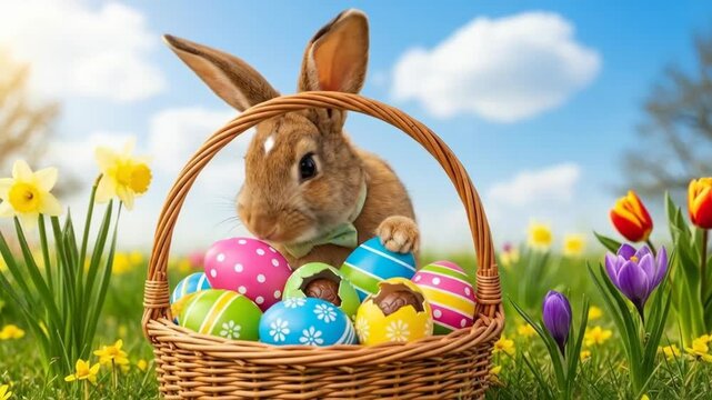 Happy Easter Bunny with Basket of Colorful Eggs in Springtime.