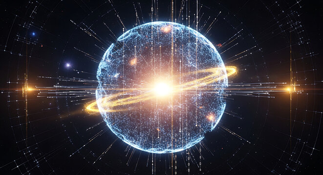 Abstract visualization of a glowing atomic nucleus with orbiting electrons and digital data streams.