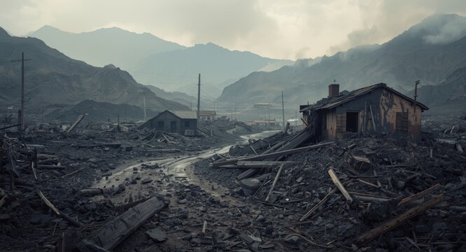 Valley terrain scarred by volcanic mudflow destroying residential buildings