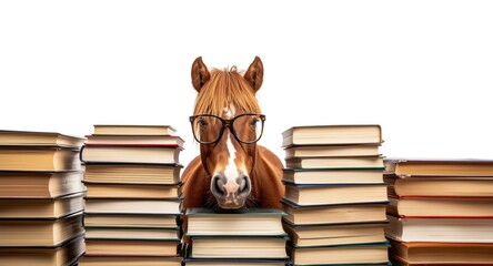White isolated background featuring a pony in glasses immersed in reading among large book stacks