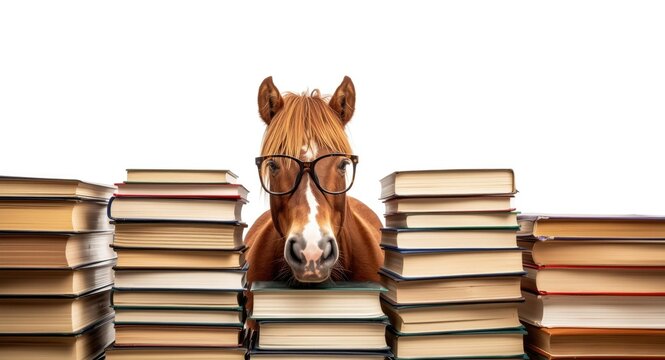 White isolated background featuring a pony in glasses immersed in reading among large book stacks